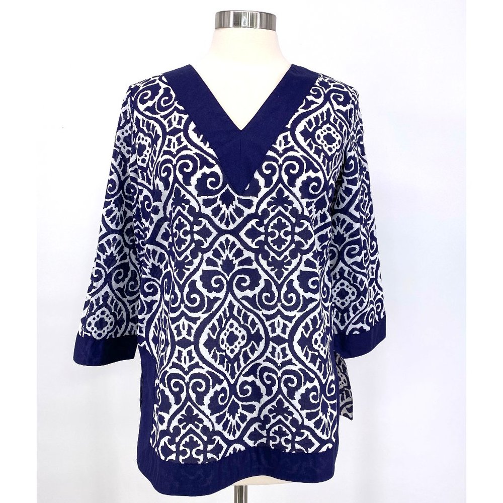 Caribbean Joe Batik Print Tunic Navy White NWT